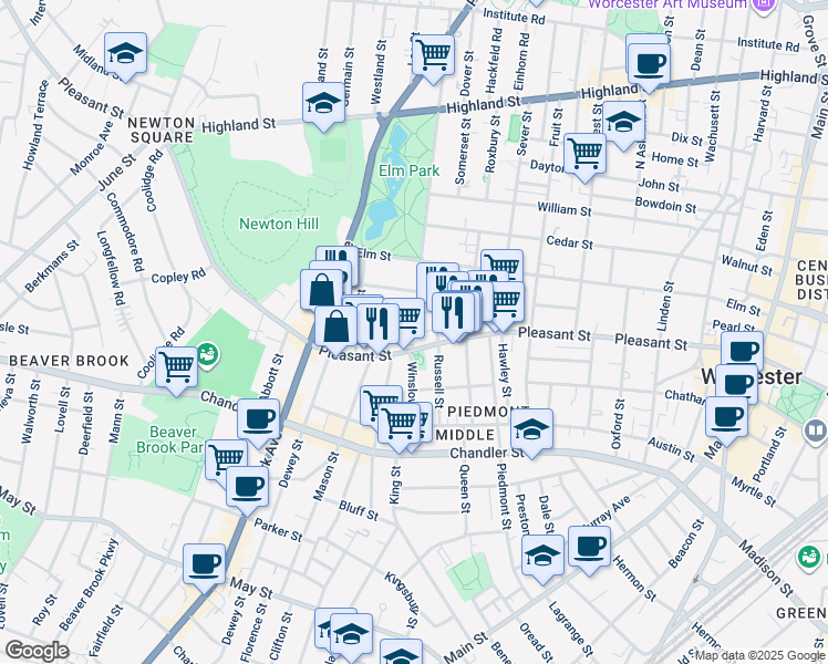 map of restaurants, bars, coffee shops, grocery stores, and more near 7 Pleasant Terrace in Worcester