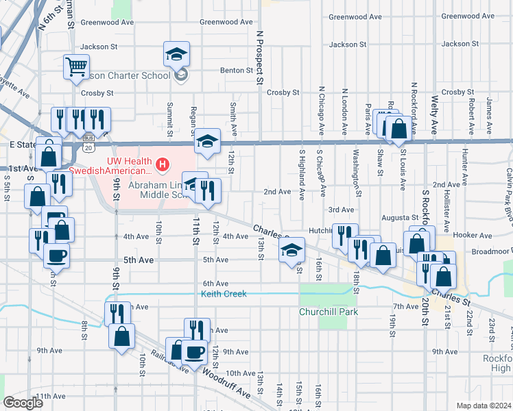 map of restaurants, bars, coffee shops, grocery stores, and more near 320 South Prospect Street in Rockford