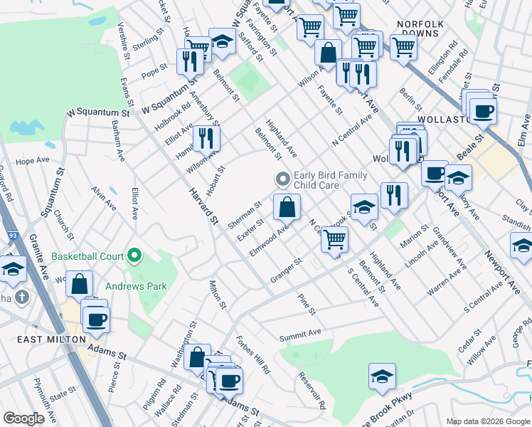 map of restaurants, bars, coffee shops, grocery stores, and more near 37 Exeter Street in Quincy