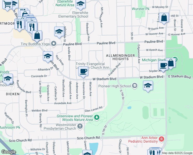 map of restaurants, bars, coffee shops, grocery stores, and more near 1200 West Stadium Boulevard in Ann Arbor