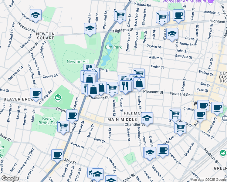 map of restaurants, bars, coffee shops, grocery stores, and more near 9 Pleasant Terrace in Worcester