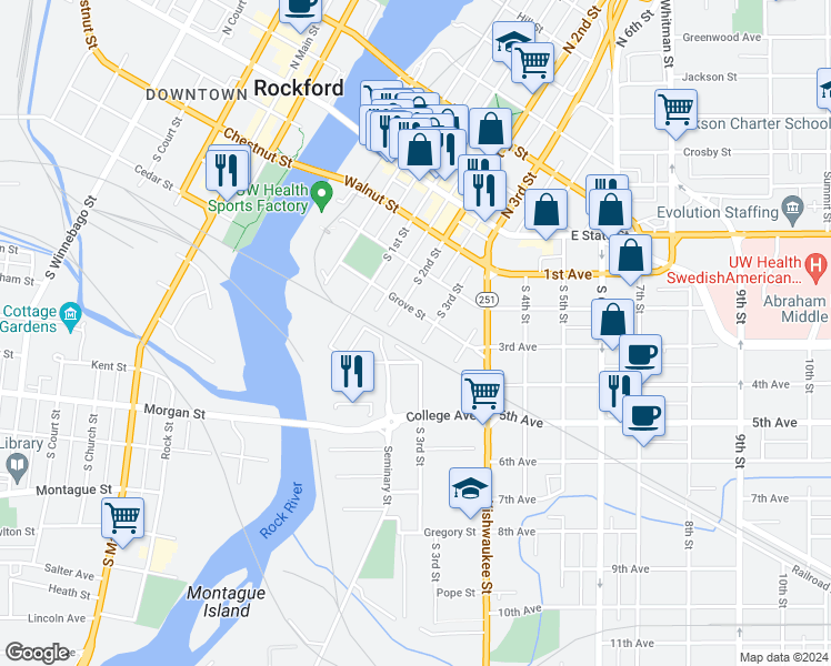 map of restaurants, bars, coffee shops, grocery stores, and more near 415 South 3rd Street in Rockford