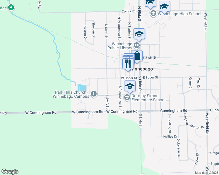 map of restaurants, bars, coffee shops, grocery stores, and more near 214 South Swift Street in Winnebago