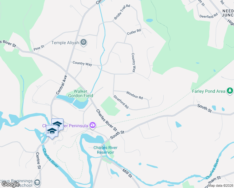 map of restaurants, bars, coffee shops, grocery stores, and more near 53 Stratford Road in Needham