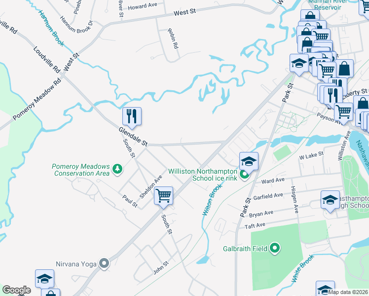 map of restaurants, bars, coffee shops, grocery stores, and more near 31 Wright Street in Easthampton