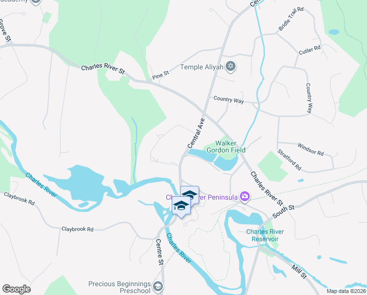 map of restaurants, bars, coffee shops, grocery stores, and more near 1831 Central Avenue in Needham