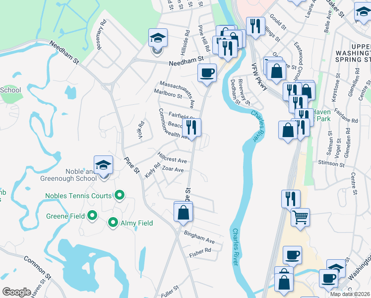 map of restaurants, bars, coffee shops, grocery stores, and more near 15 Kiely Road in Dedham