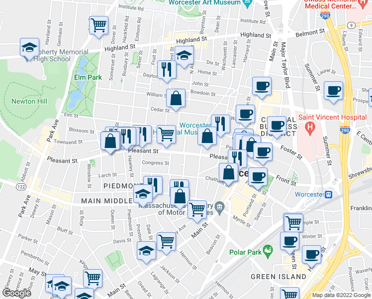 map of restaurants, bars, coffee shops, grocery stores, and more near 5 Ashland Street in Worcester