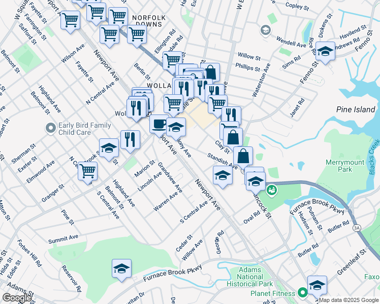 map of restaurants, bars, coffee shops, grocery stores, and more near 55R Old Colony Avenue in Quincy