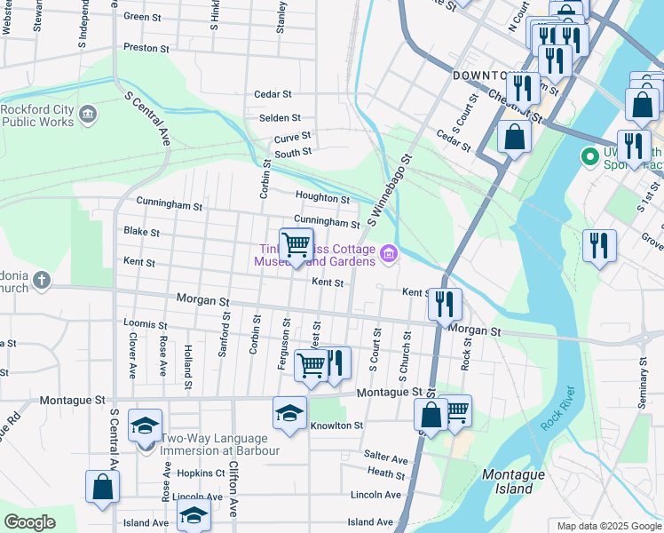 map of restaurants, bars, coffee shops, grocery stores, and more near 916 West Street in Rockford
