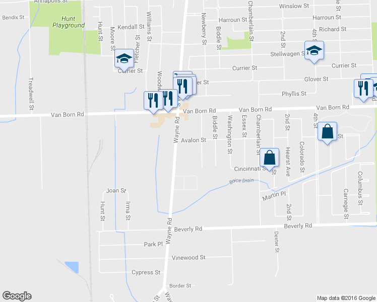 map of restaurants, bars, coffee shops, grocery stores, and more near 6036 Newberry Street in Romulus