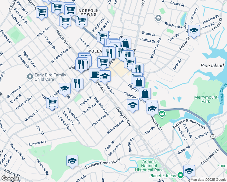 map of restaurants, bars, coffee shops, grocery stores, and more near 55R Old Colony Avenue in Quincy