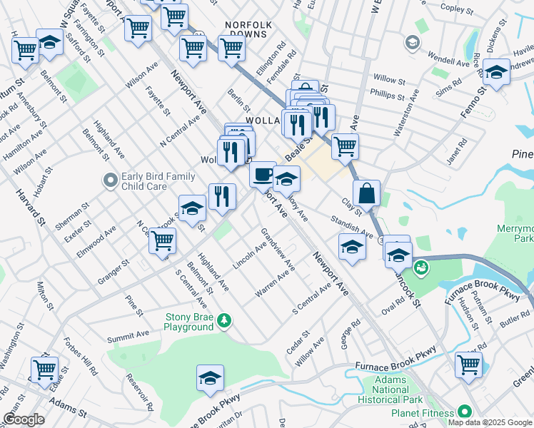 map of restaurants, bars, coffee shops, grocery stores, and more near 12 Newport Terrace in Quincy