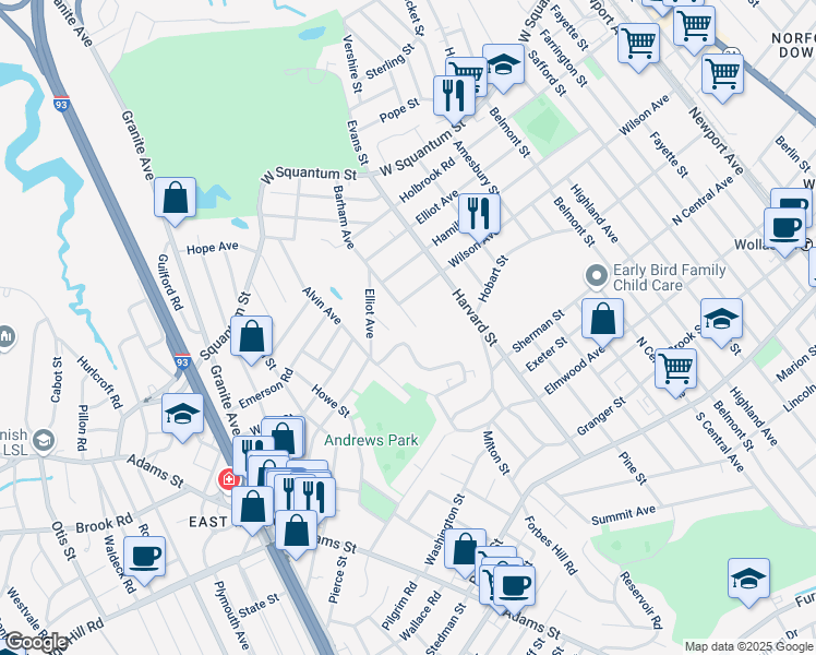 map of restaurants, bars, coffee shops, grocery stores, and more near 150 Barham Avenue in Quincy