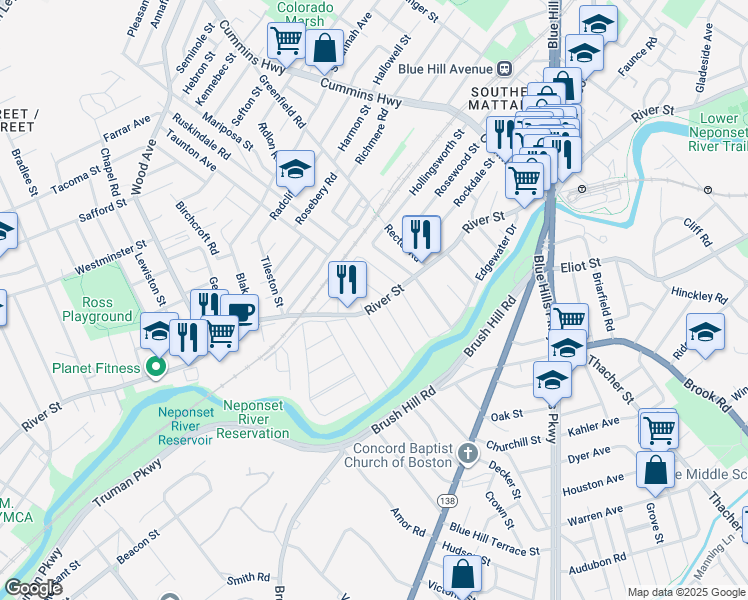 map of restaurants, bars, coffee shops, grocery stores, and more near 691 River Street in Boston