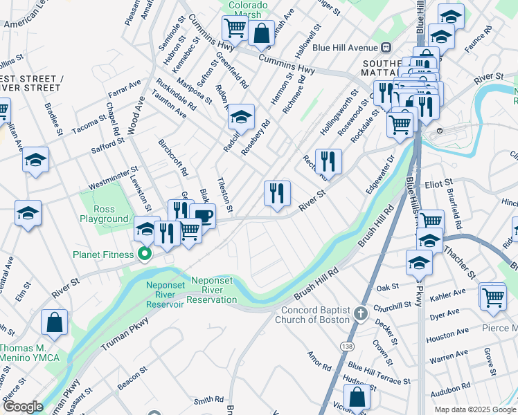 map of restaurants, bars, coffee shops, grocery stores, and more near 731-733 River Street in Boston