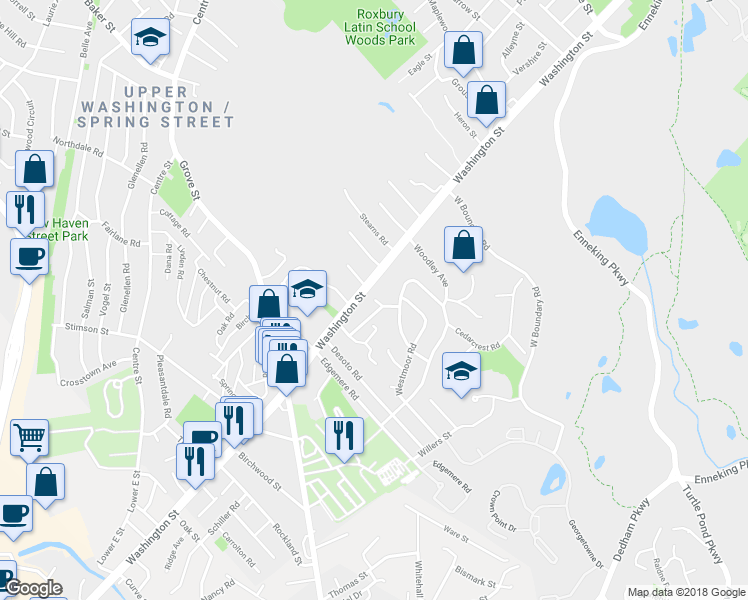 map of restaurants, bars, coffee shops, grocery stores, and more near 5096 Washington Street in Boston