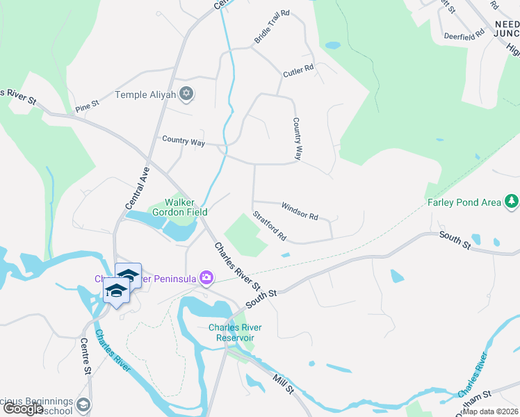 map of restaurants, bars, coffee shops, grocery stores, and more near 53 Stratford Road in Needham