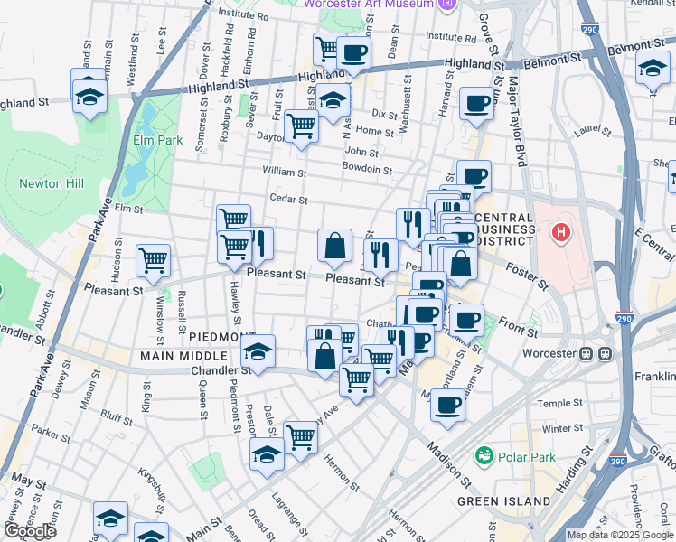 map of restaurants, bars, coffee shops, grocery stores, and more near 119 Pleasant Street in Worcester