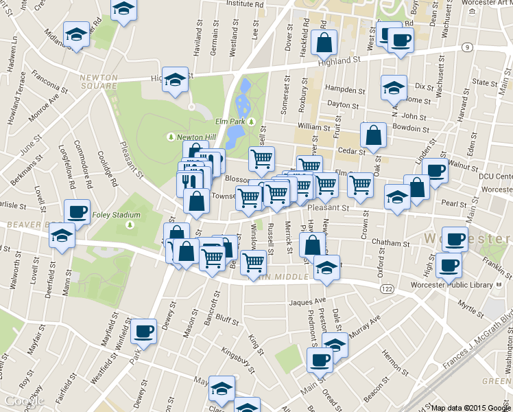 map of restaurants, bars, coffee shops, grocery stores, and more near 7 Pleasant Terrace in Worcester