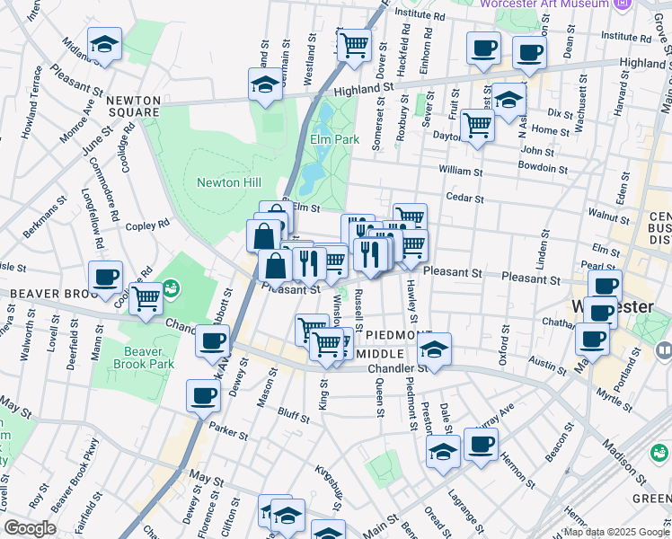 map of restaurants, bars, coffee shops, grocery stores, and more near 7 Pleasant Terrace in Worcester