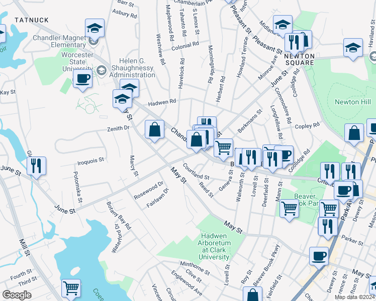 map of restaurants, bars, coffee shops, grocery stores, and more near 4 Hartshorn Avenue in Worcester