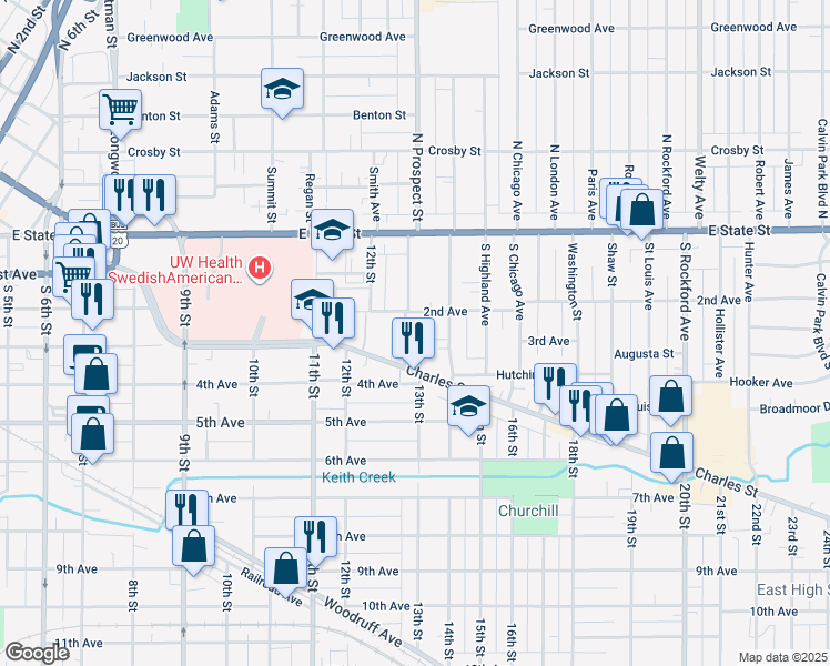 map of restaurants, bars, coffee shops, grocery stores, and more near 1619 2nd Avenue in Rockford