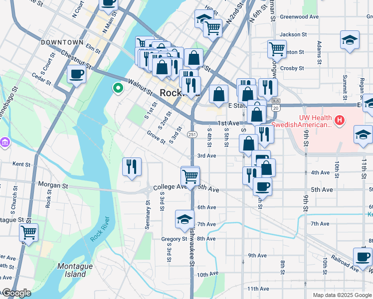 map of restaurants, bars, coffee shops, grocery stores, and more near 714 3rd Avenue in Rockford