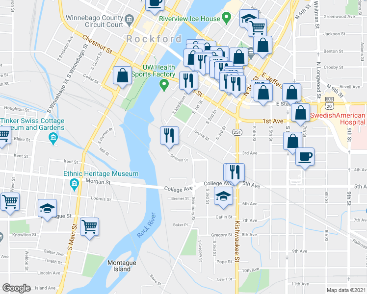 map of restaurants, bars, coffee shops, grocery stores, and more near 501 South 2nd Street in Rockford