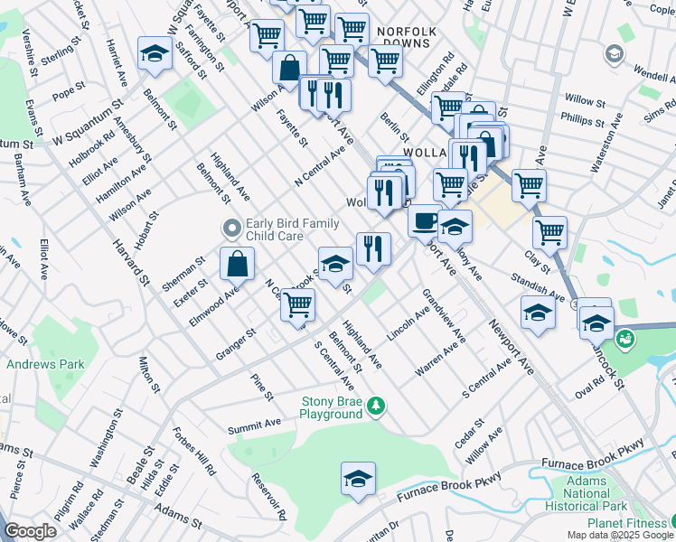 map of restaurants, bars, coffee shops, grocery stores, and more near 182 Taylor Street in Quincy