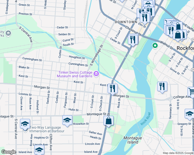 map of restaurants, bars, coffee shops, grocery stores, and more near 411 Kent Street in Rockford