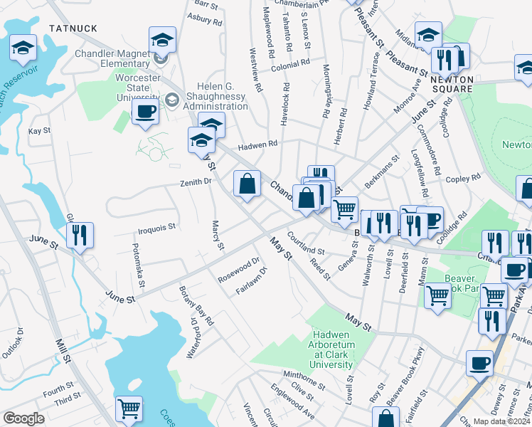 map of restaurants, bars, coffee shops, grocery stores, and more near 4 Manor Street in Worcester