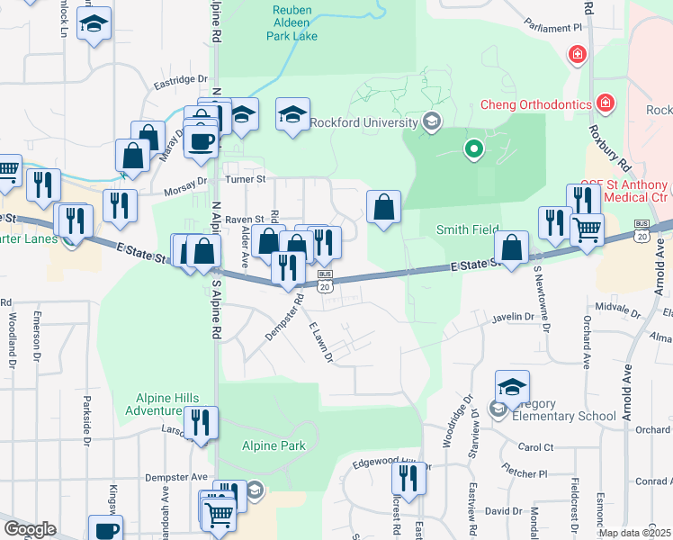 map of restaurants, bars, coffee shops, grocery stores, and more near 4800 East State Street in Rockford