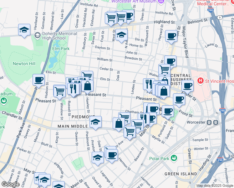 map of restaurants, bars, coffee shops, grocery stores, and more near 167 Pleasant Street in Worcester