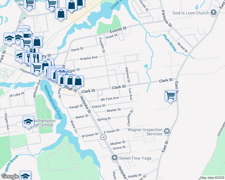 map of restaurants, bars, coffee shops, grocery stores, and more near 42 Clark Street in Easthampton