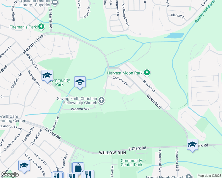 map of restaurants, bars, coffee shops, grocery stores, and more near 1659 Greenway Drive in Superior Charter Township
