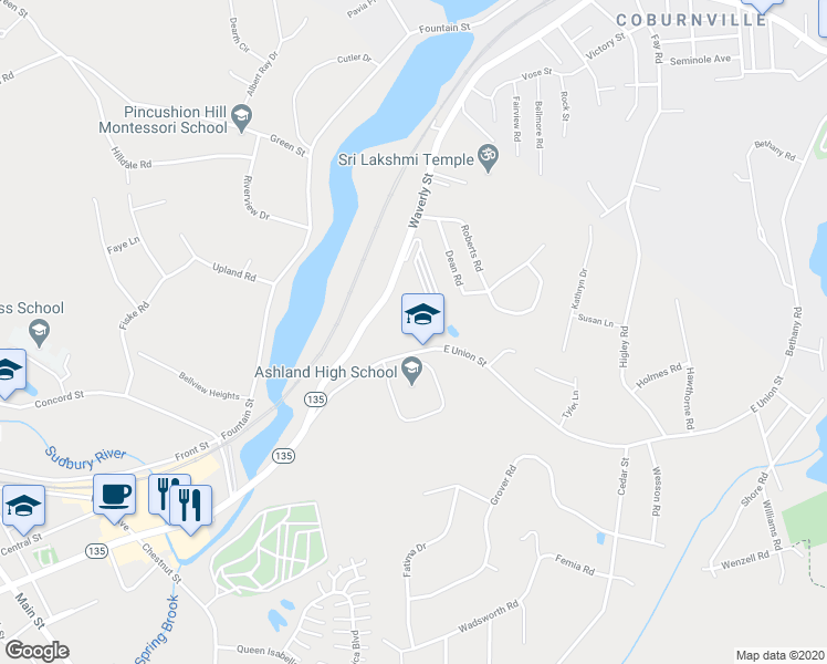 map of restaurants, bars, coffee shops, grocery stores, and more near 61 Waverly Street in Ashland