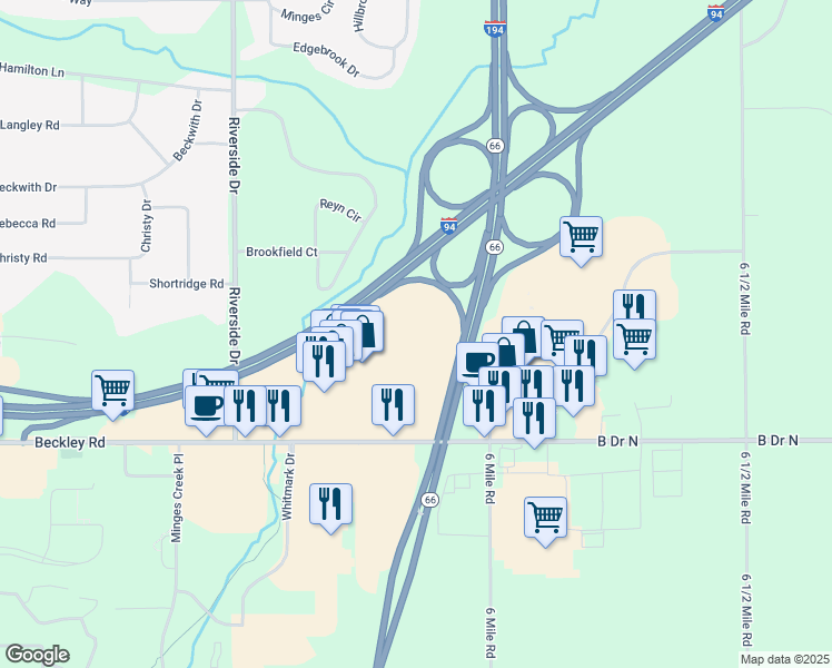 map of restaurants, bars, coffee shops, grocery stores, and more near 5801 Beckley Road in Battle Creek