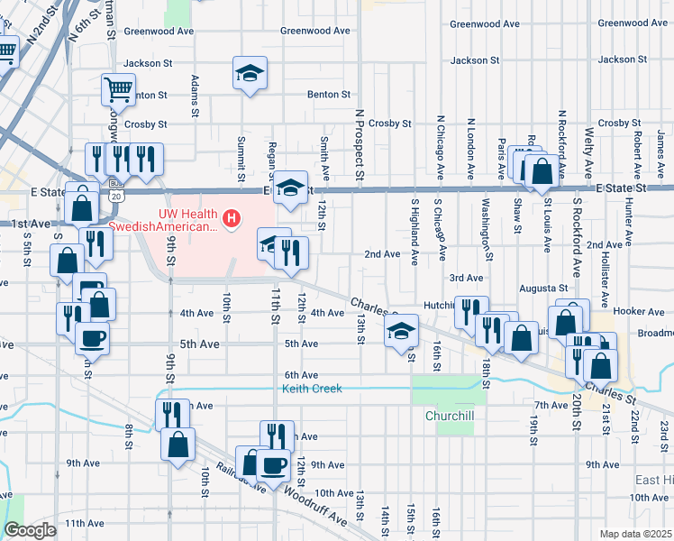 map of restaurants, bars, coffee shops, grocery stores, and more near 1619 2nd Avenue in Rockford
