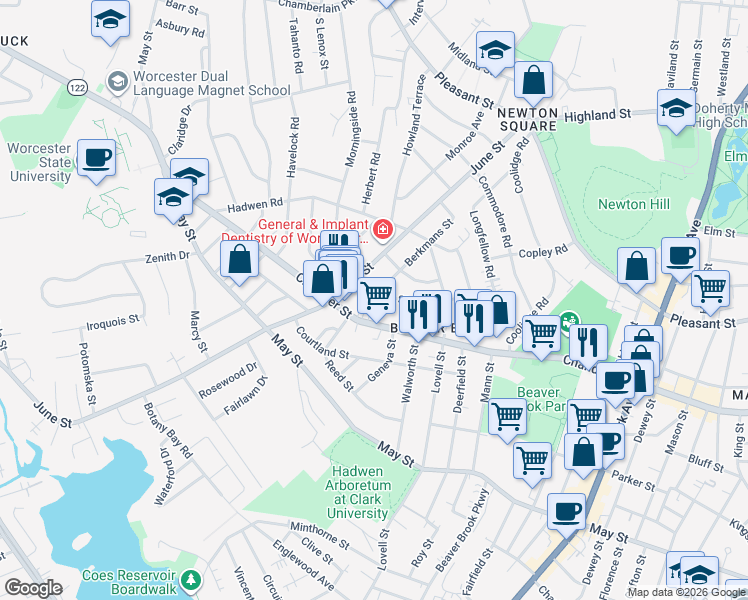 map of restaurants, bars, coffee shops, grocery stores, and more near 8 Carlisle Street in Worcester
