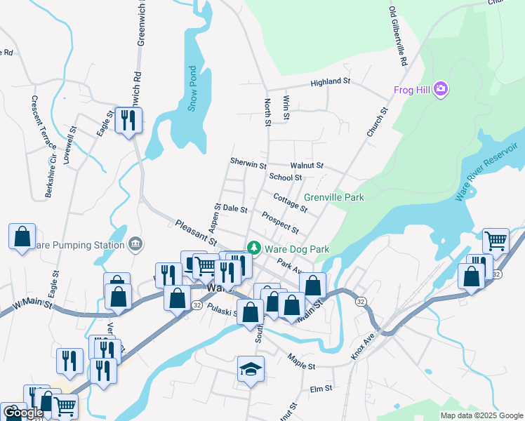 map of restaurants, bars, coffee shops, grocery stores, and more near 35 Prospect Street in Ware