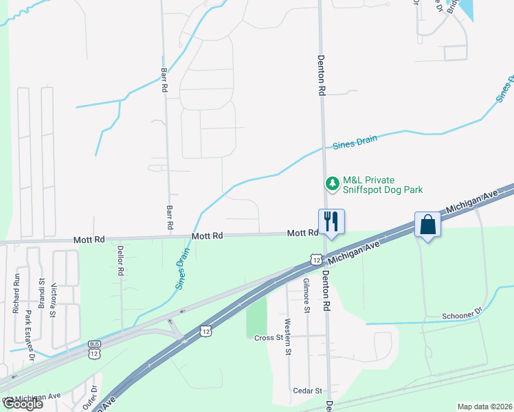 map of restaurants, bars, coffee shops, grocery stores, and more near 49900 Mott Road in Canton