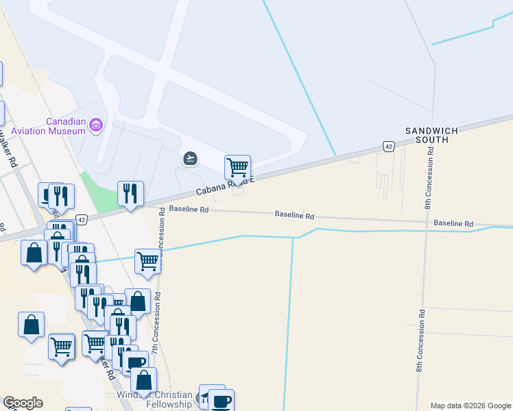 map of restaurants, bars, coffee shops, grocery stores, and more near 3500 Baseline Road in Windsor