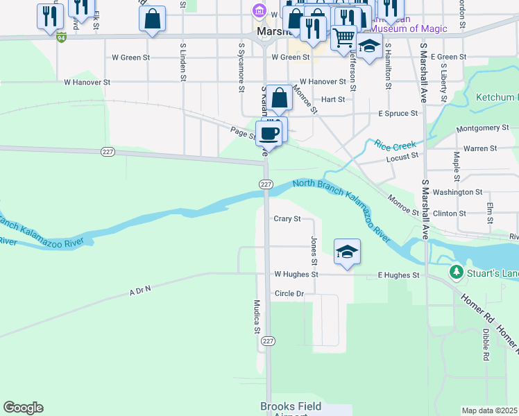 map of restaurants, bars, coffee shops, grocery stores, and more near 720 South Kalamazoo Avenue in Marshall