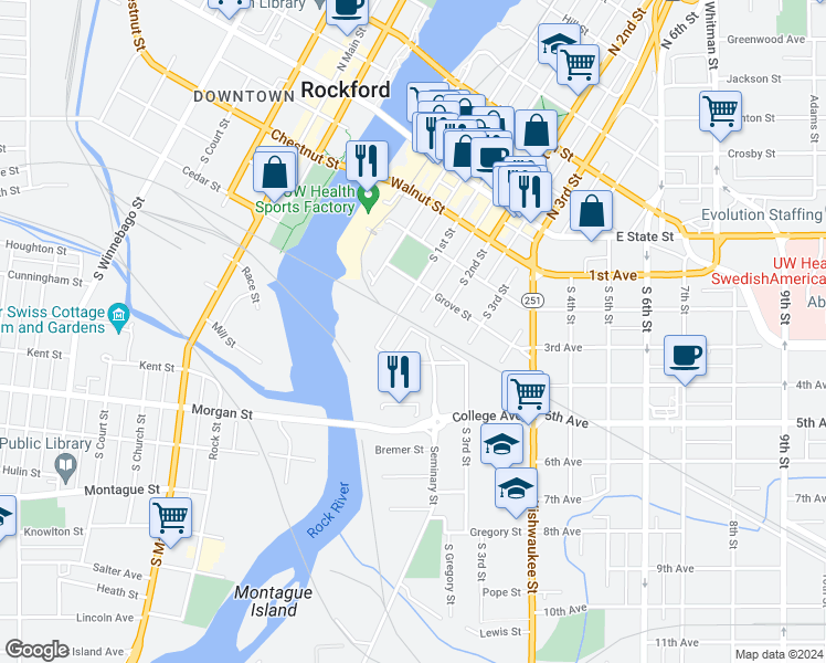 map of restaurants, bars, coffee shops, grocery stores, and more near 417 Ford Street in Rockford