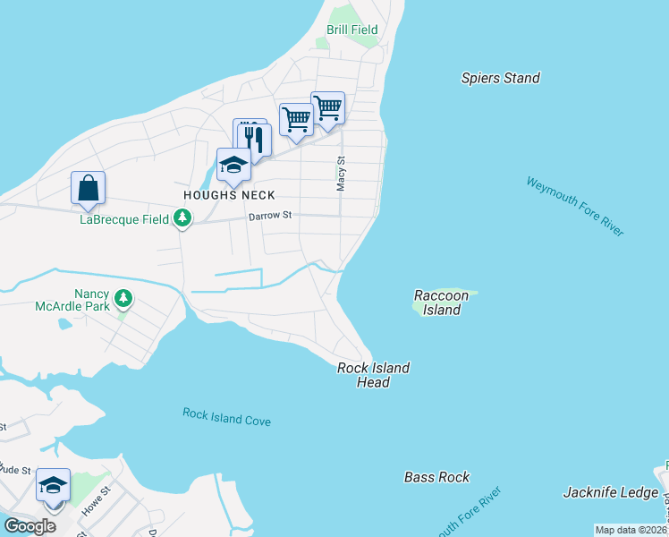 map of restaurants, bars, coffee shops, grocery stores, and more near 157 Edgewater Drive in Quincy