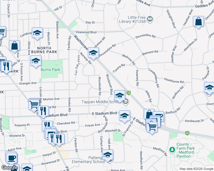 map of restaurants, bars, coffee shops, grocery stores, and more near 2132 Brockman Boulevard in Ann Arbor