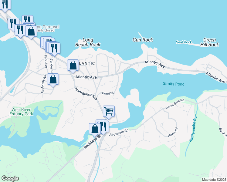 map of restaurants, bars, coffee shops, grocery stores, and more near 30 Pond Street in Hull