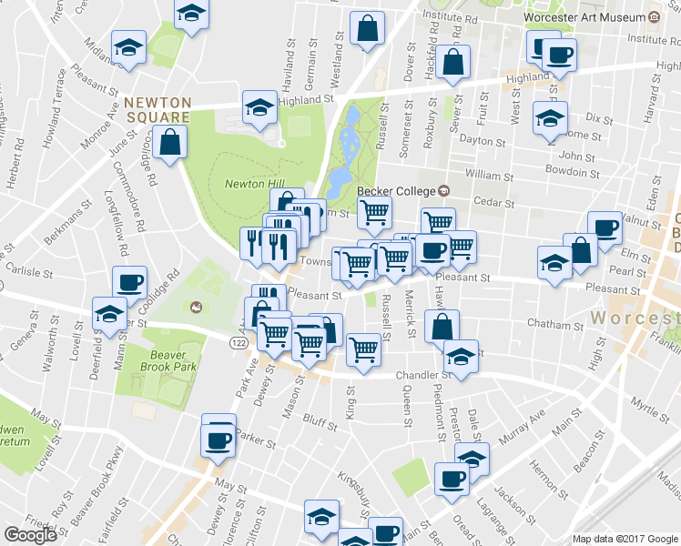 map of restaurants, bars, coffee shops, grocery stores, and more near 5 Riedl Place in Worcester