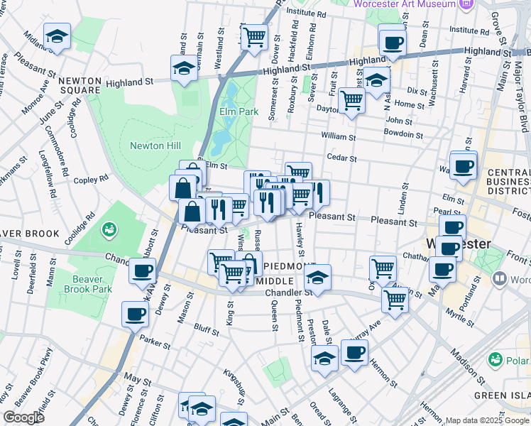 map of restaurants, bars, coffee shops, grocery stores, and more near in Worcester